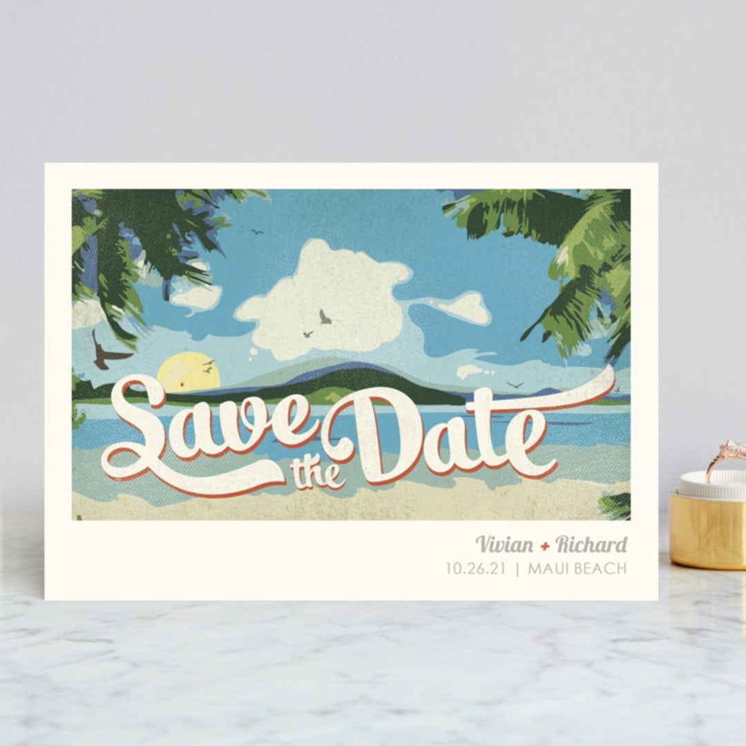 "Vintage Tropical" - Save the Dates in Vibrant by Rebecca Bowen - Front