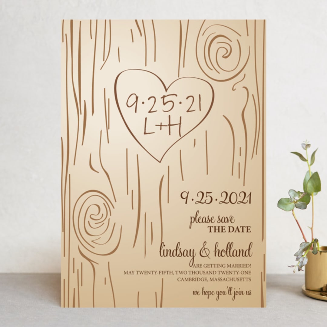 "Fall Carving" - Save the Dates in Woodgrain by Amanda Joy - Front