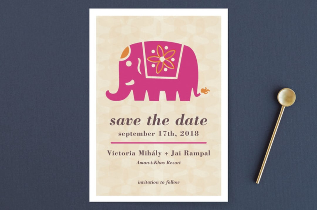 "Indian Elephant" - Save the Dates in Magenta by Alex Elko Design - Front