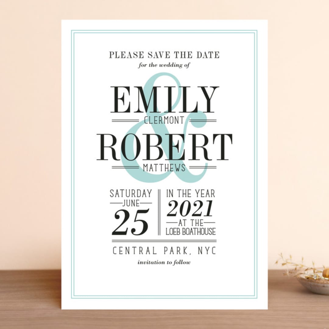 "Wed in Type" - Save the Dates in Sky by Ariel Rutland - Front