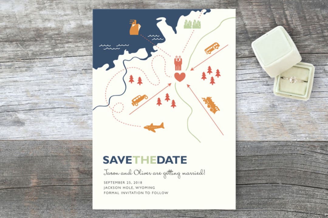 "Two Grooms Destination" - Save the Dates in Dark Denim by leslie hamer - Front
