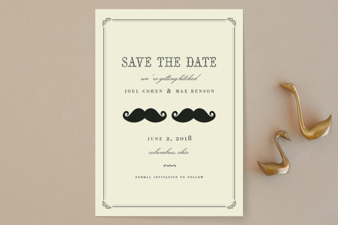 "Stache + Stache" - Save the Dates in Creme by Penelope Poppy - Front