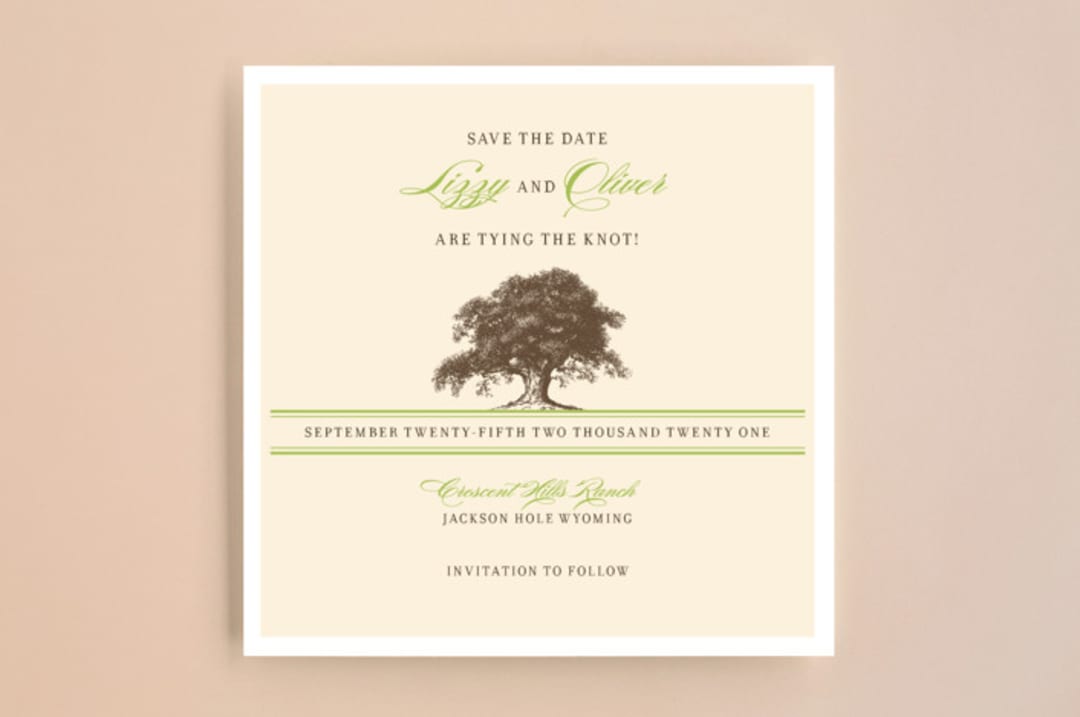 "Oak Tree" - Save the Dates in Peridot by Annie Clark - Front