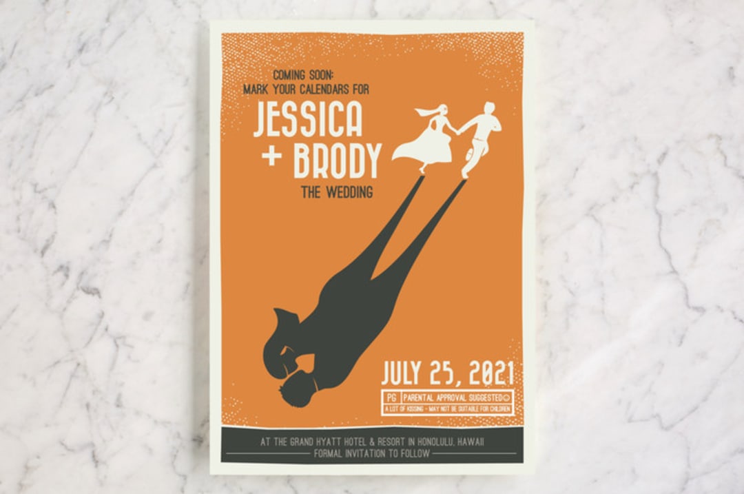 "Retro Movie Poster" - Save the Dates in Tangerine by bumble ink - Front