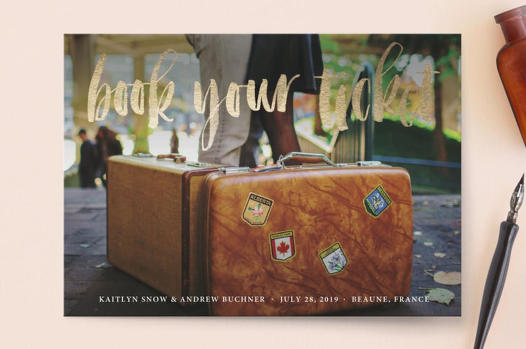 "Book Your Ticket" - Save the Dates in Gold by Pine Street Creative - Front