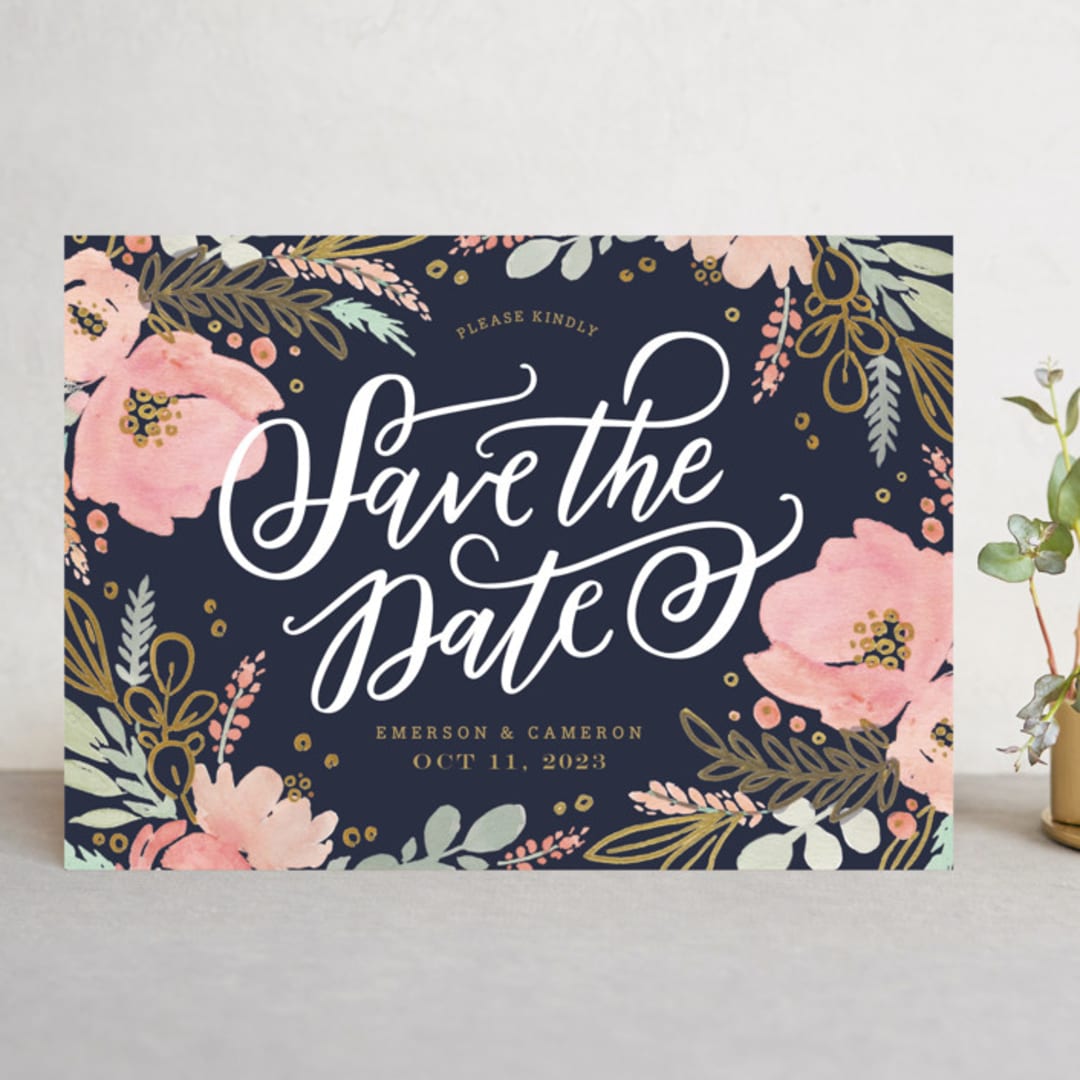 "Floral Vignette" - Save the Dates in Midnight by Kristen Smith - Front