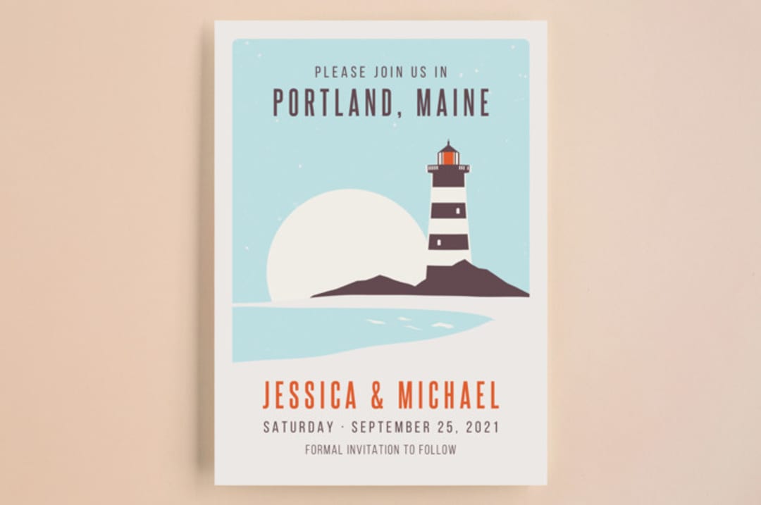 "Lighthouse Maine" - Save the Dates in Sea by Kampai Designs - Front