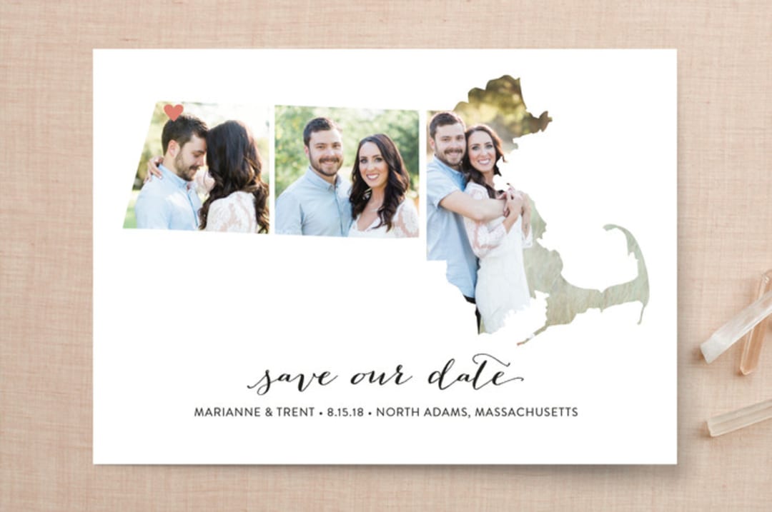 "Massachusetts Love Location" - Save the Dates in Wedding Dress by Heather Buchma - Front