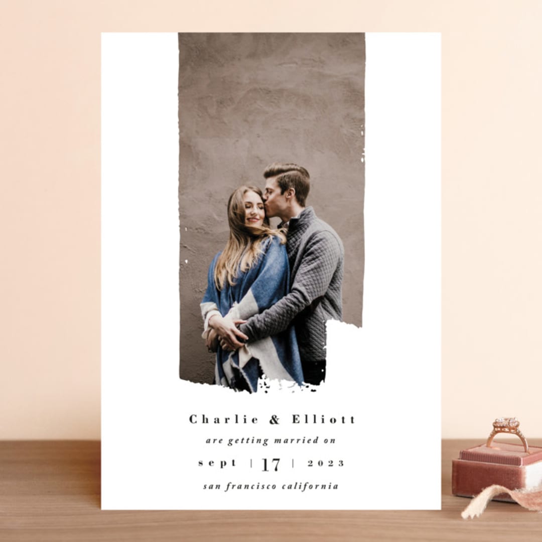 "Painterly" - Save the Dates in Obsidian by Shannon Chen of Four Wet Feet Studio - Front