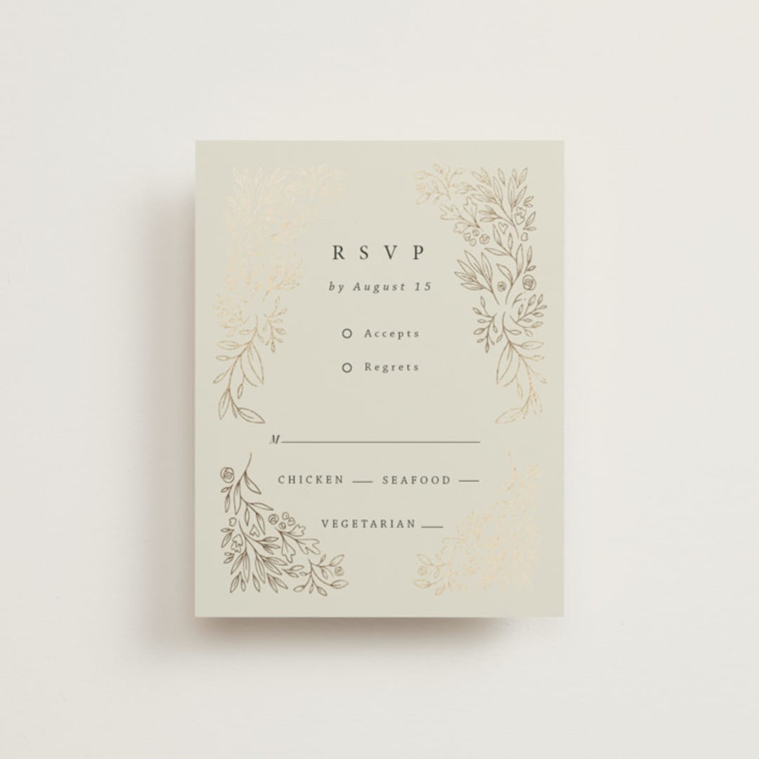 "Foil Botanical Frame" - RSVP Cards in Taupe by Hannah Williams - Front