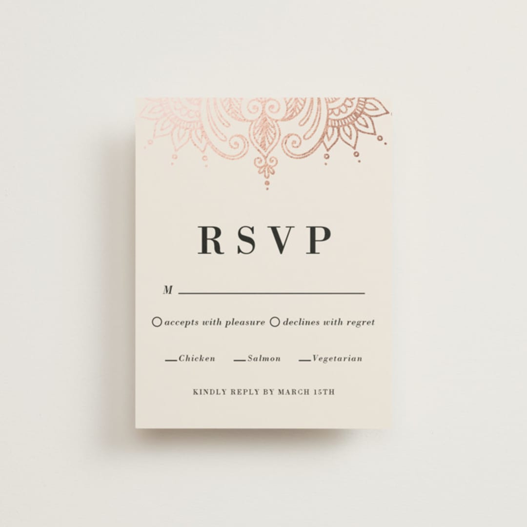 "Regal Mehndi" - RSVP Cards in Champagne Rose by Oma N. Ramkhelawan - Front