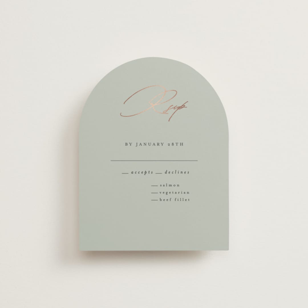 "Gilded Script" - RSVP Cards in Sage by Angela Thompson - Front