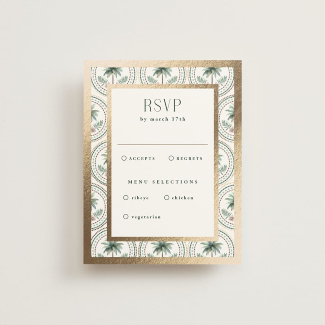 "Vintage Palms" - RSVP Cards in Sand by Maria Alou - Front