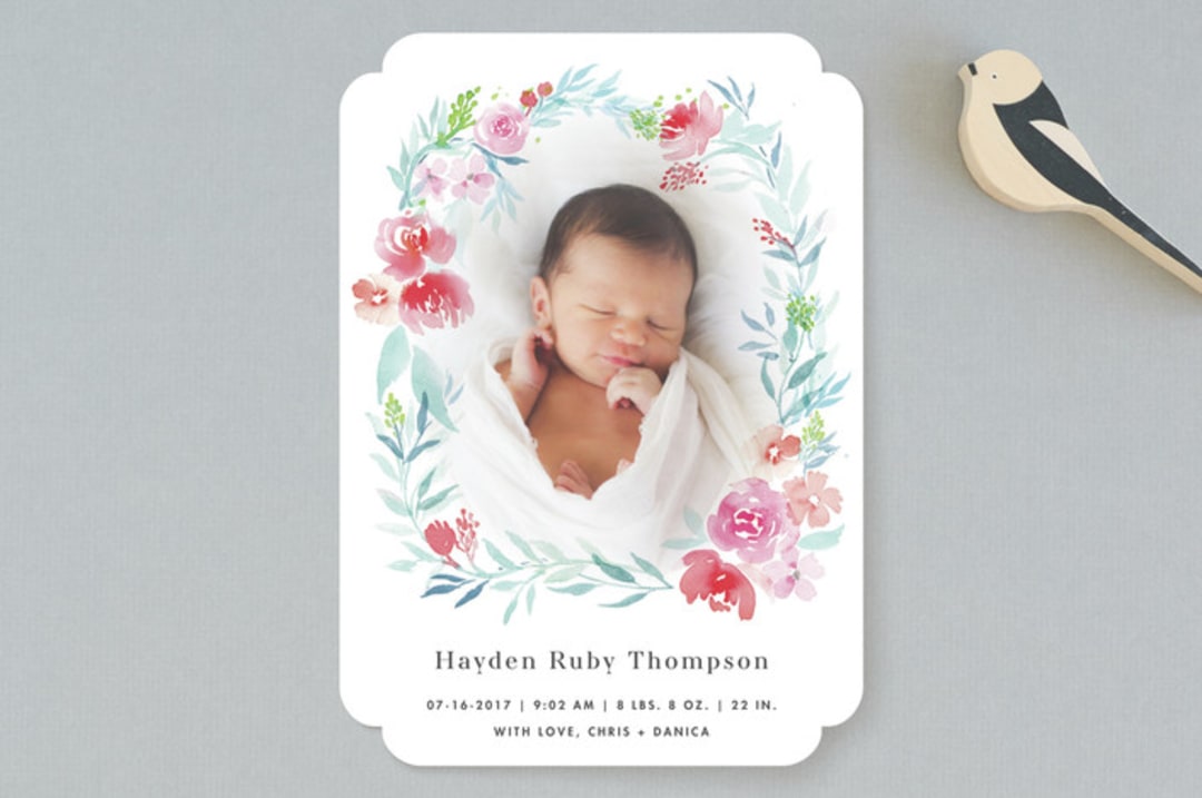 "Watercolor Floral Laurel" - Birth Announcements in Tiffany by Qing Ji - Front