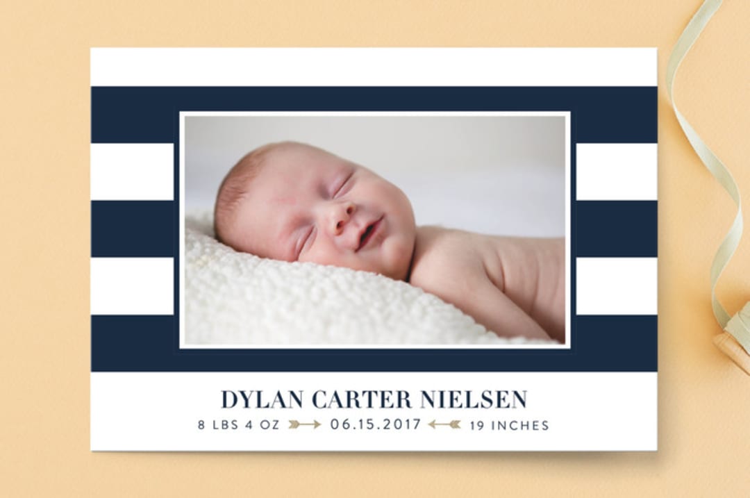 "Classic Stripe" - Birth Announcements in navy by Sarah Brown - Front