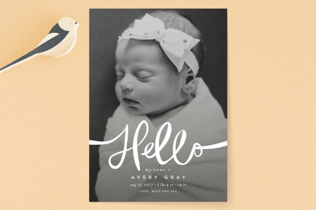 "Warm Hello" - Birth Announcements in Linen by Lori James - Front