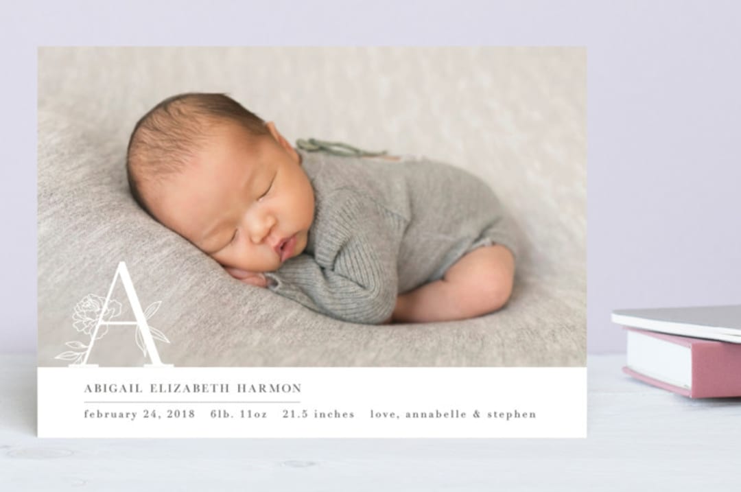"Monogram Detail" - Birth Announcements in Fog by Ellis - Front