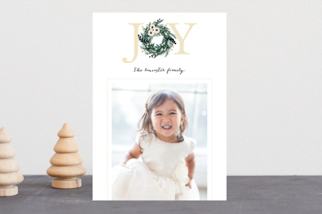 "Joyful Evergreen Wreath" - Retired Holiday Cards in Cream by Paula Pecevich - Front