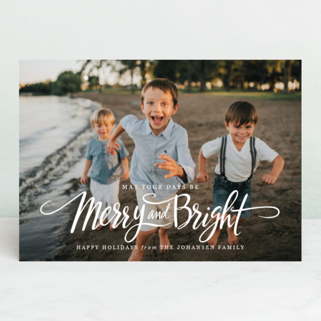 "Script Merry and Bright" - Retired Holiday Cards in Snow by Jamie Schultz Designs - Front