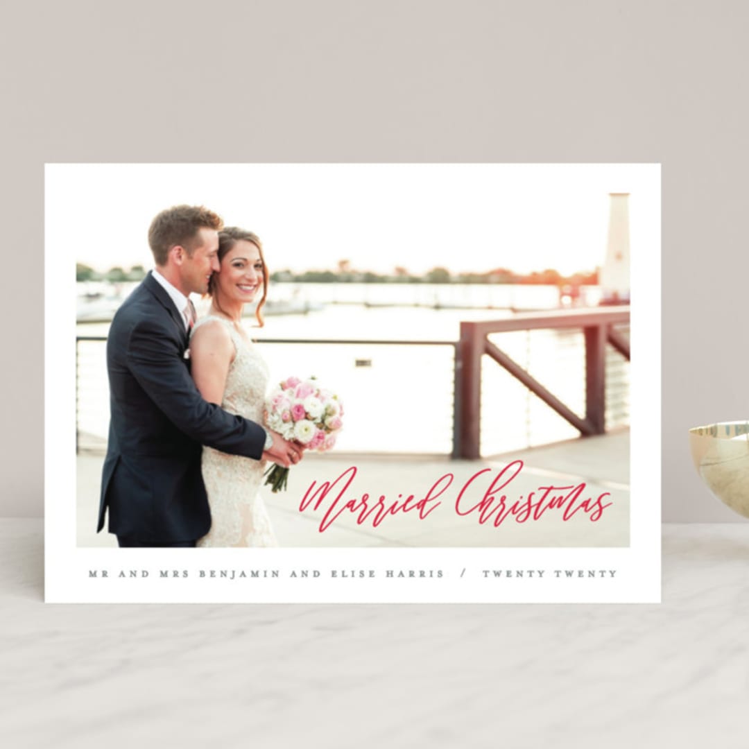 "Married Christmas Script" - Retired Holiday Cards in Poinsettia by Hooray Creative - Front