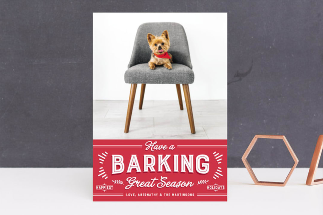 "barking great season" - Retired Holiday Cards in Red Apple by Lori James - Front