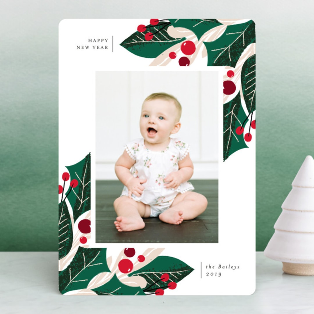"Greenery Abound" - Retired Holiday Cards in Cranberry by Lehan Veenker - Front