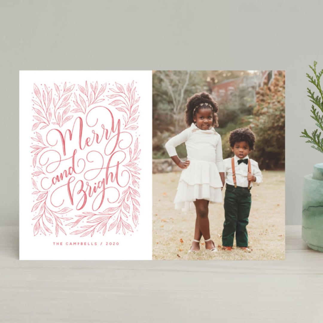 "Merry and Bright Hand-lettering" - Retired Holiday Cards in Strawberry by Nicole Barreto - Front