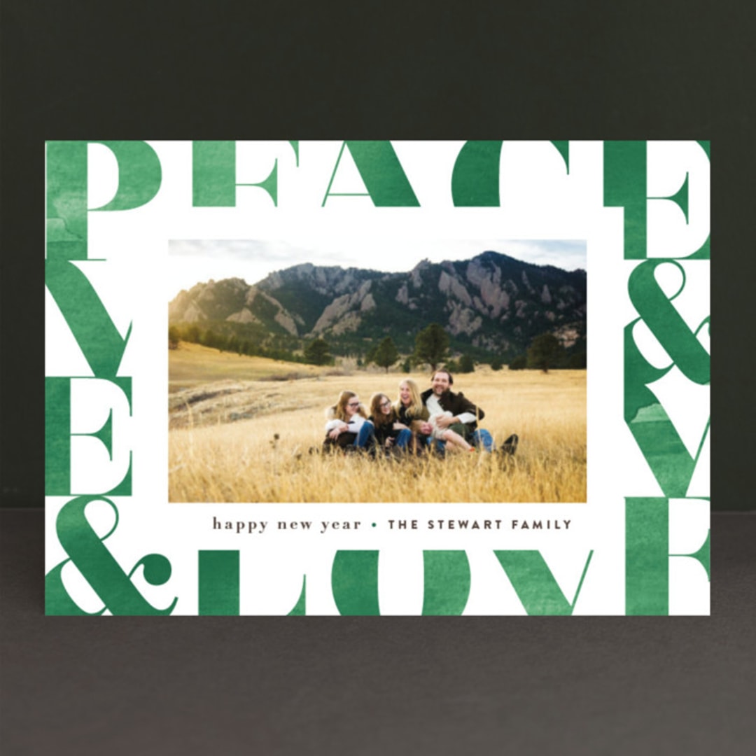 "Modern Peace & Joy" - Retired Holiday Cards in Emerald by Jennifer Wick - Front