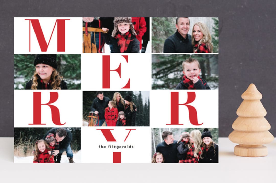 "Merry Grid" - Retired Holiday Cards in Crimson by Kimberly FitzSimons - Front