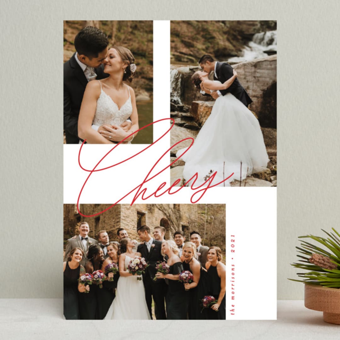 "Magazine Script" - Retired Holiday Cards in Berry by Everett Paper Goods - Front