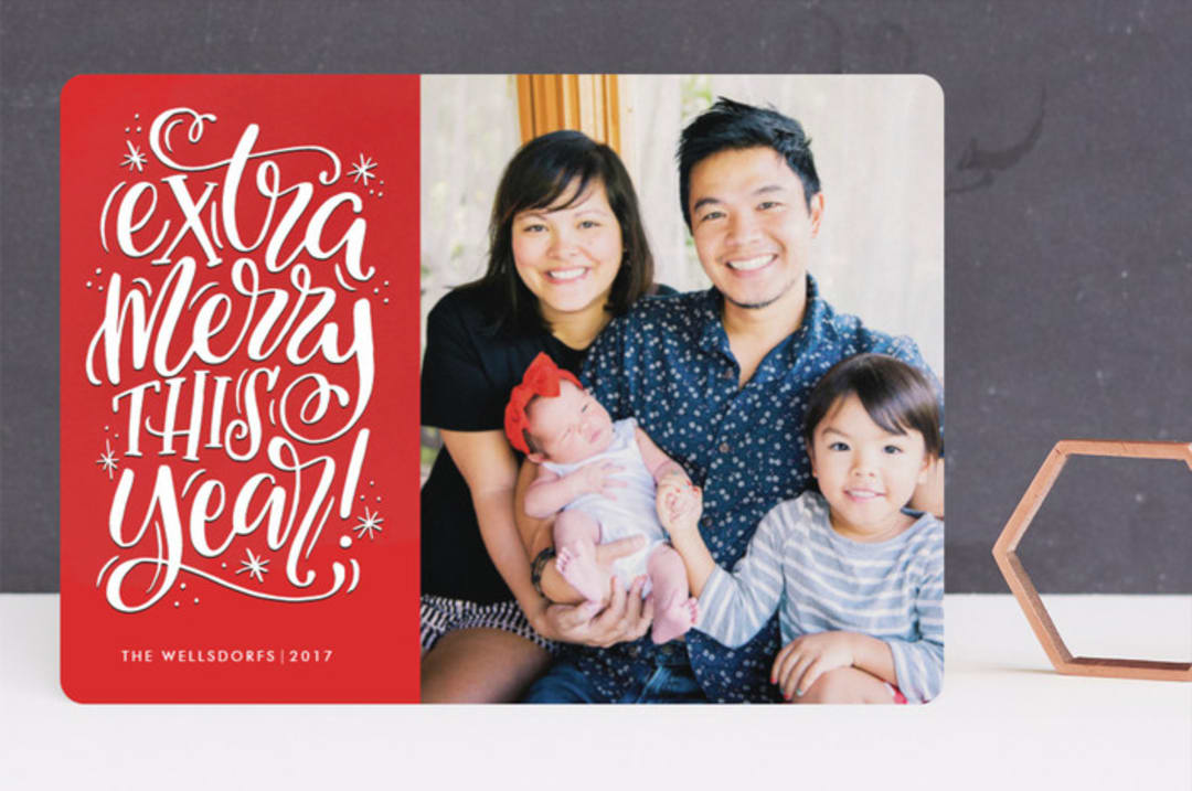 "Extra Merry This Year" - Retired Holiday Cards in Ruby by Makewells - Front