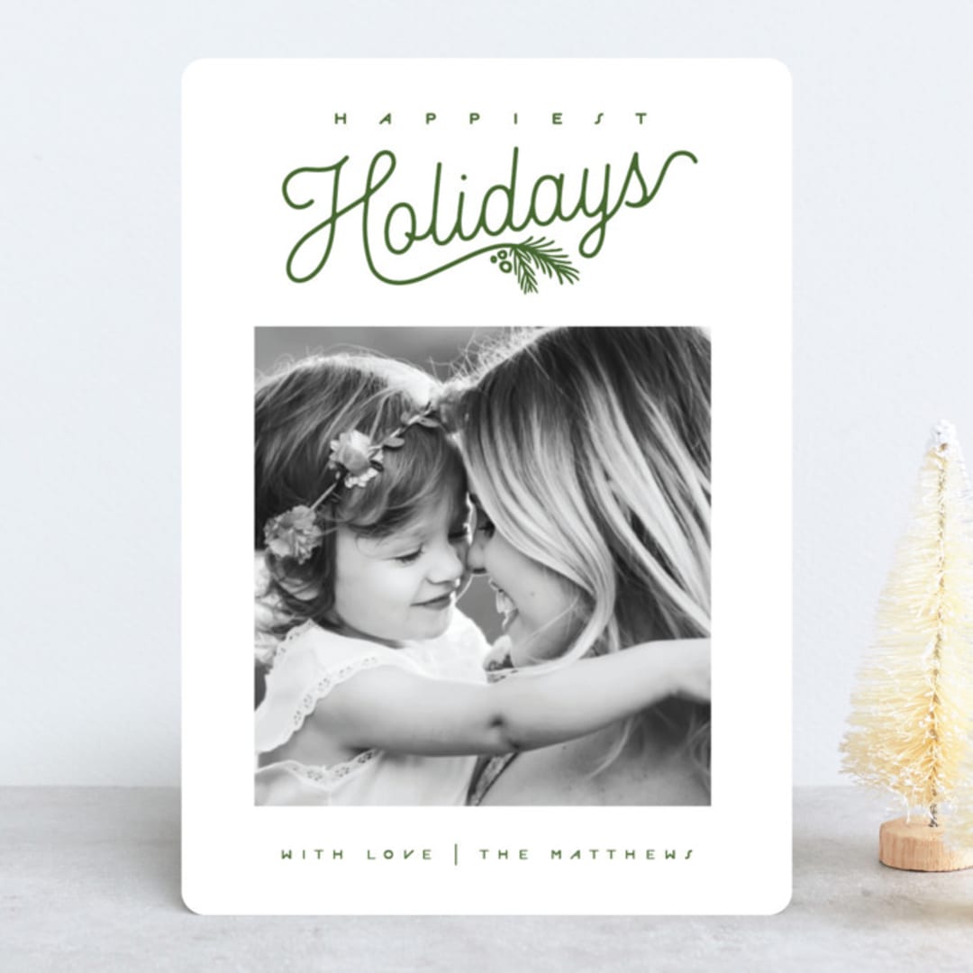 "Happiest Holidays Script" - Retired Holiday Cards in Evergreen by GeekInk Design - Front