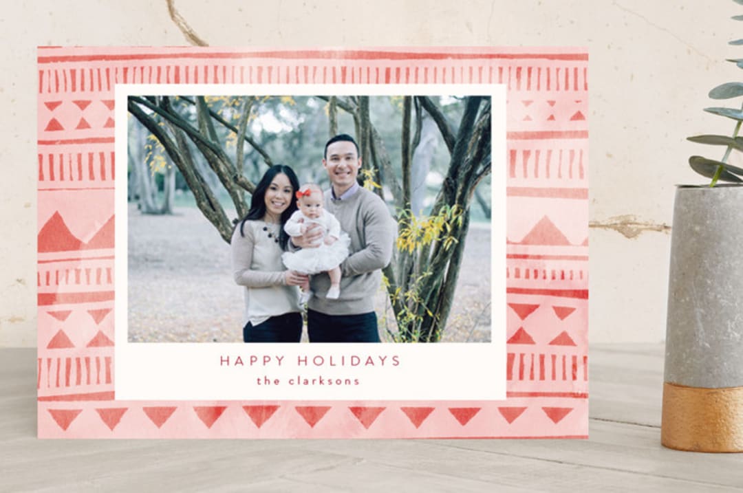 "Watercolor Geo Stripe" - Retired Holiday Cards in Coral by Katharine Watson - Front