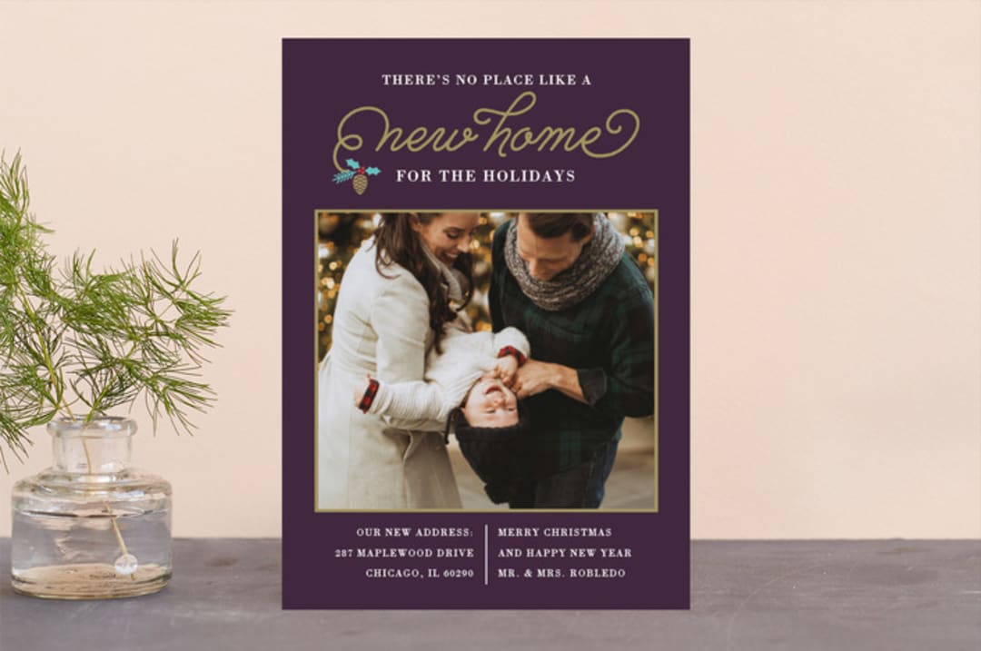 "New Christmas Home" - Retired Holiday Cards in Violet by Nam Bourassa - Front
