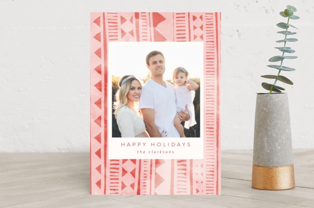 "Watercolor Geo Stripe" - Retired Holiday Cards in Coral by Katharine Watson - Front