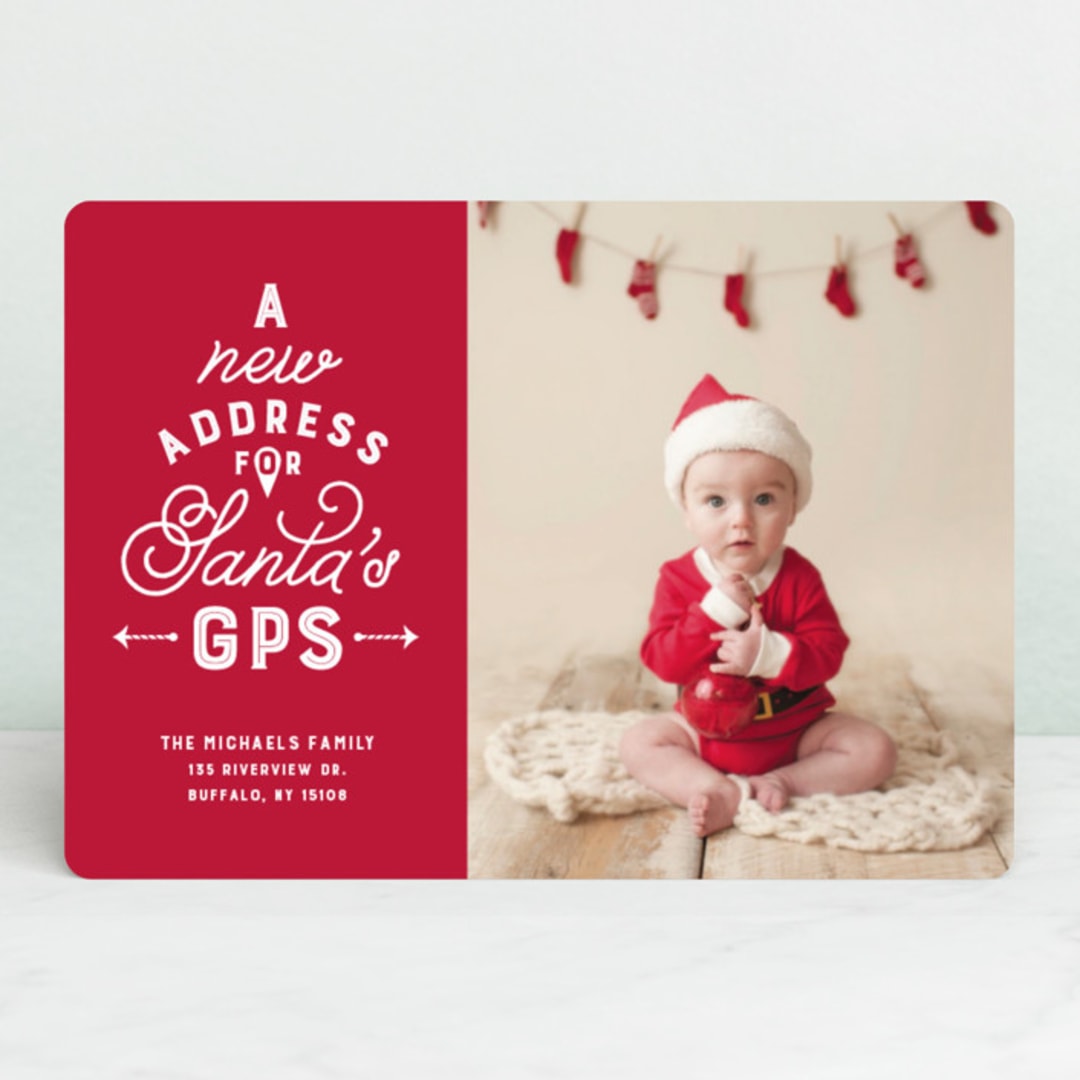 "New address for Santa's GPS" - Retired Holiday Cards in Cardinal by Lea Delaveris - Front