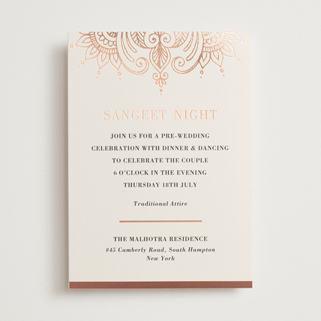 "Regal Mehndi" - Sangeet Invitations in Champagne Rose by Oma N. Ramkhelawan - Front