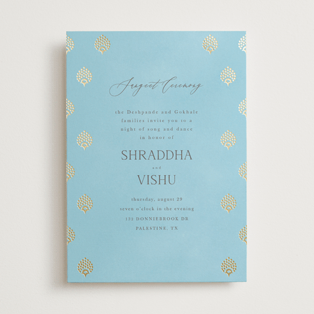 "Shraddha" - Sangeet Invitations in Celestial by Deynaaz Daraei - Front