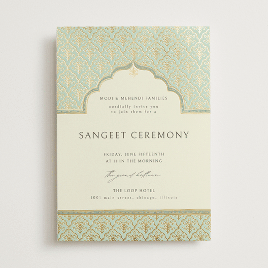"Aatreya" - Sangeet Invitations in Aqua by Pati Cascino - Front