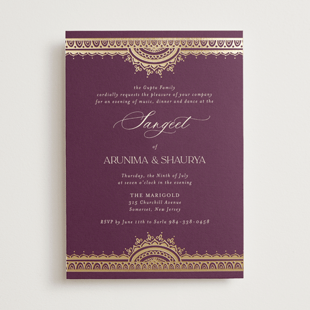 "Arunima" - Sangeet Invitations in Plum by Randi Cirelli - Front