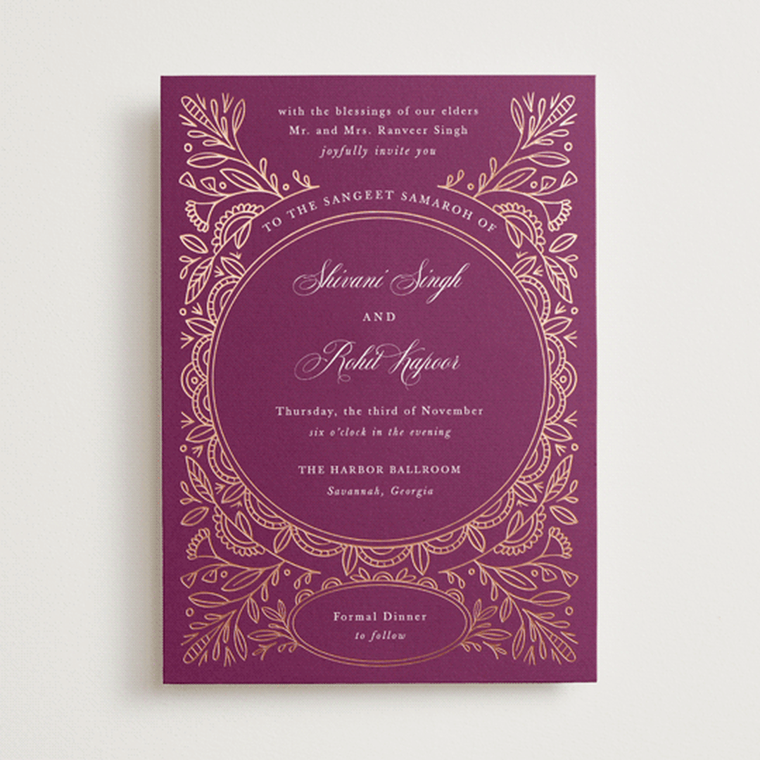"Zardozi" - Sangeet Invitations in Amethyst by Mansi Verma - Front