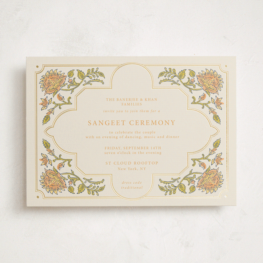 "Marigold" - Sangeet Invitations in Ochre by Hannah Bowman - Front