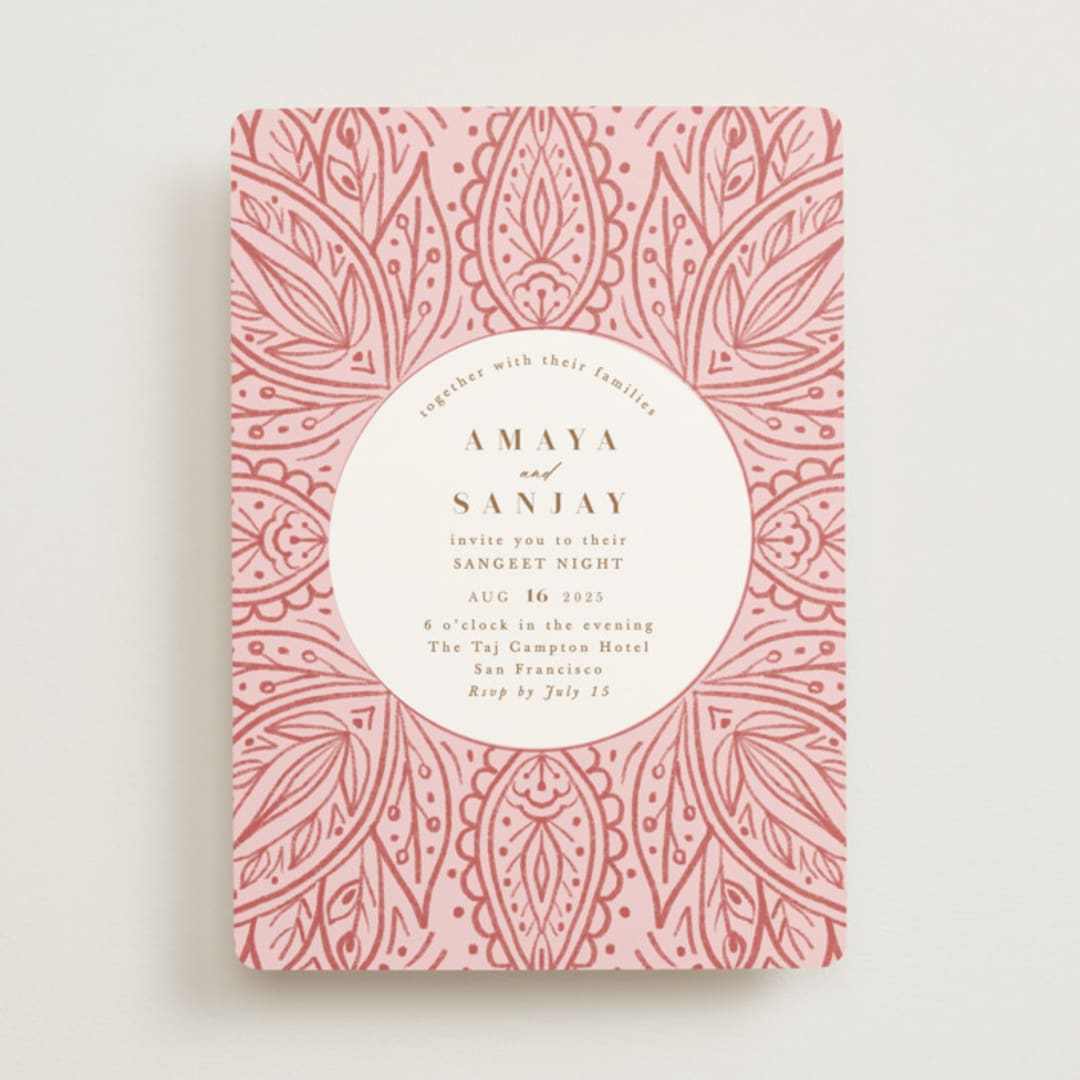 "AMAYA" - Sangeet Invitations in Blush by Kanika Mathur - Front