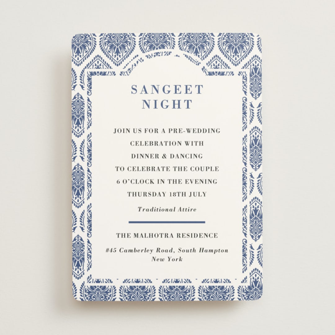 "Calcutta Stamp" - Sangeet Invitations in Azure by Oma N. Ramkhelawan - Front