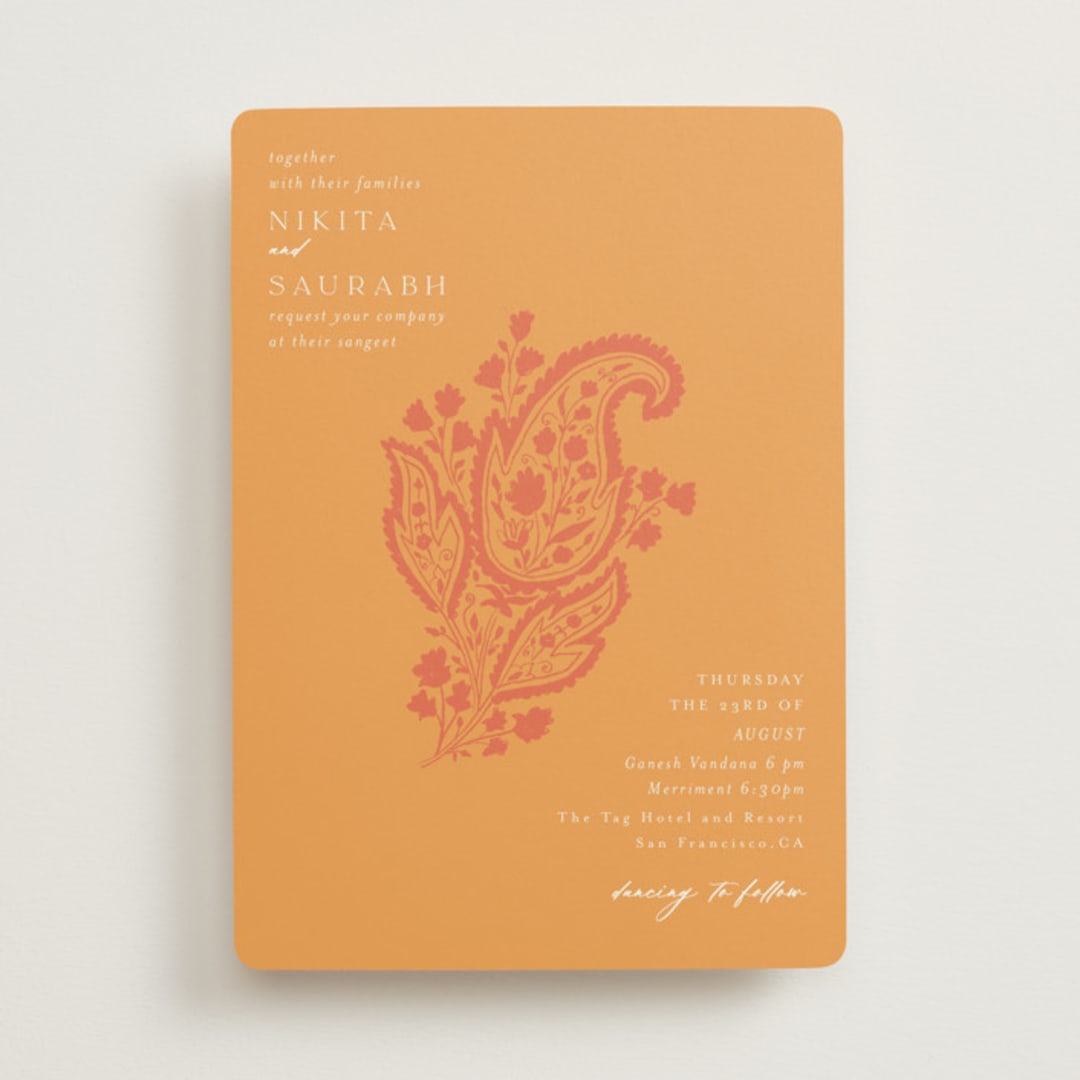 "Heritage Paisley" - Sangeet Invitations in Tangerine by Kanika Mathur - Front