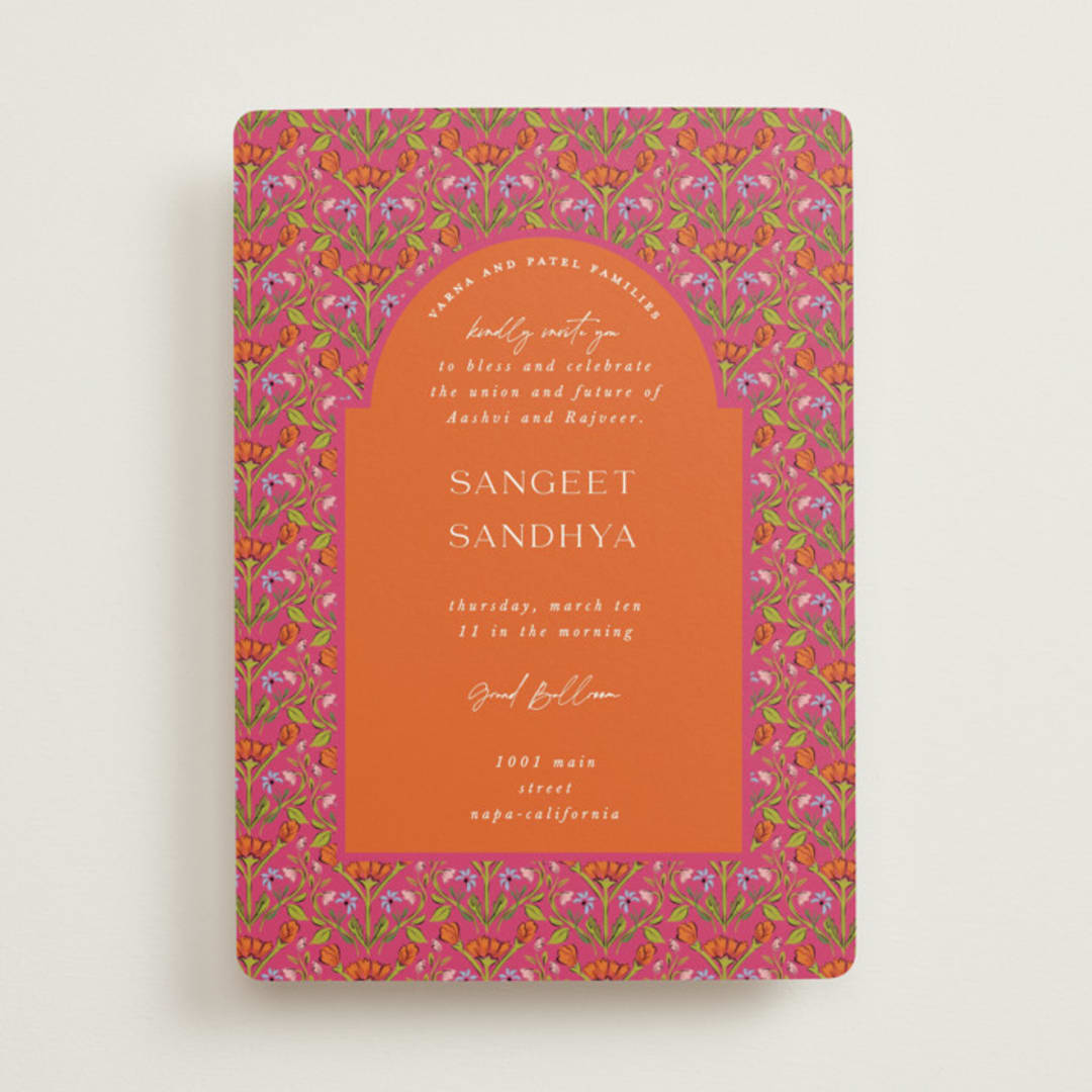"Varna" - Sangeet Invitations in Fuchsia by Pati Cascino - Front