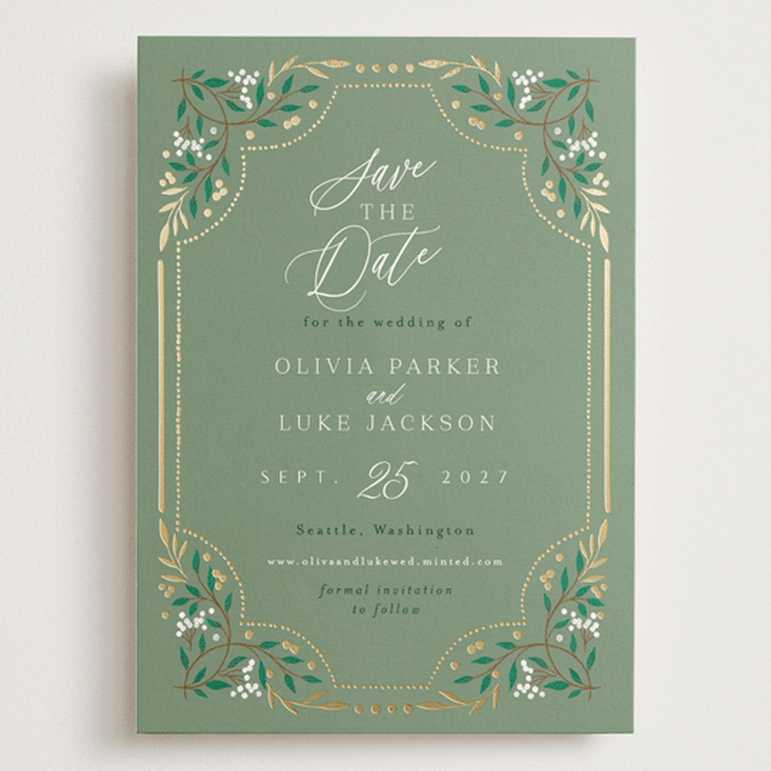 "Illuminated Storybook" - Save the Dates in Evergreen by Alethea and Ruth - Front