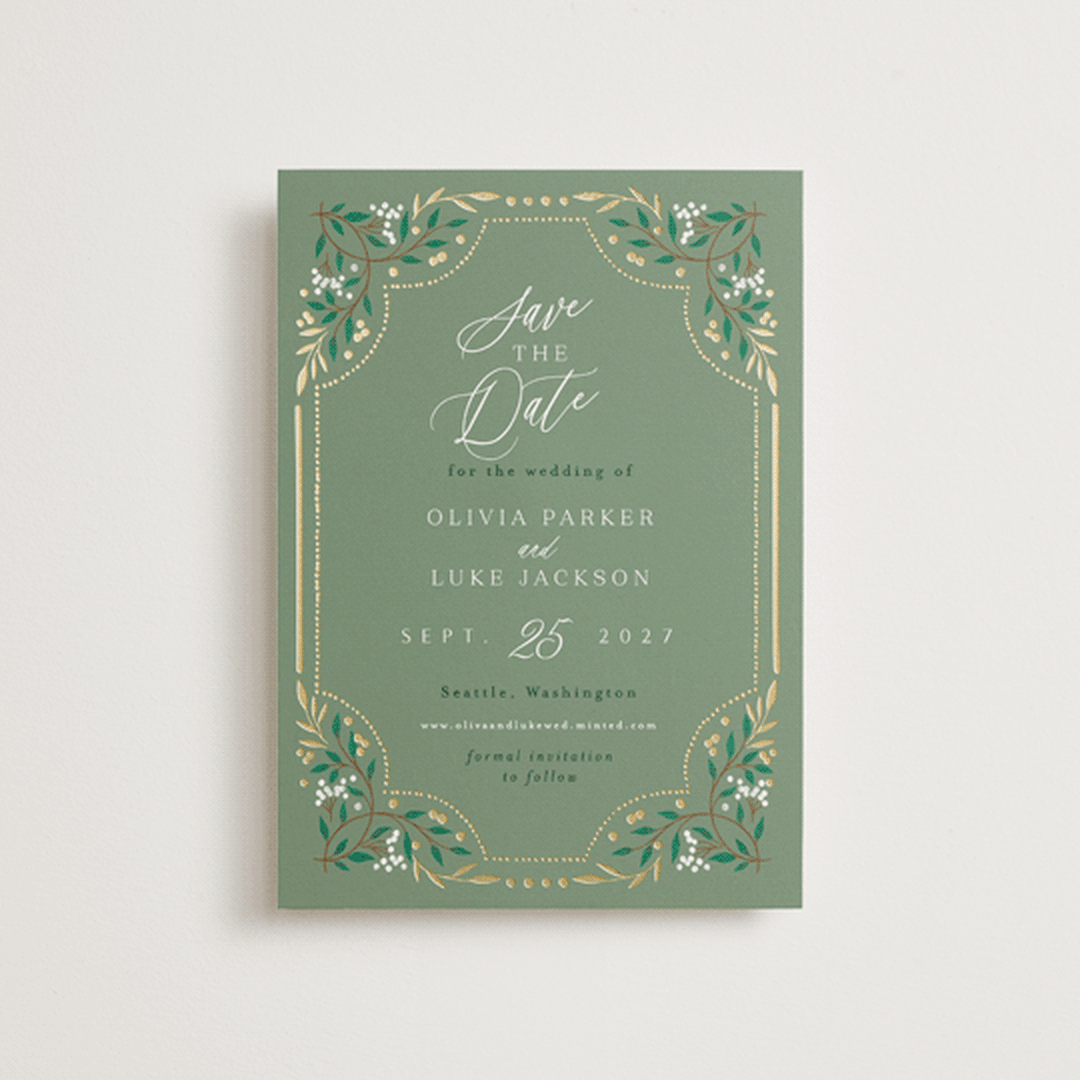 "Illuminated Storybook" - Save the Dates in Evergreen by Alethea and Ruth - Front