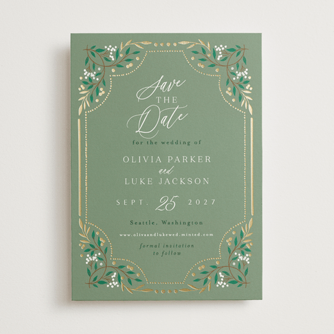"Illuminated Storybook" - Save the Dates in Evergreen by Alethea and Ruth - Front