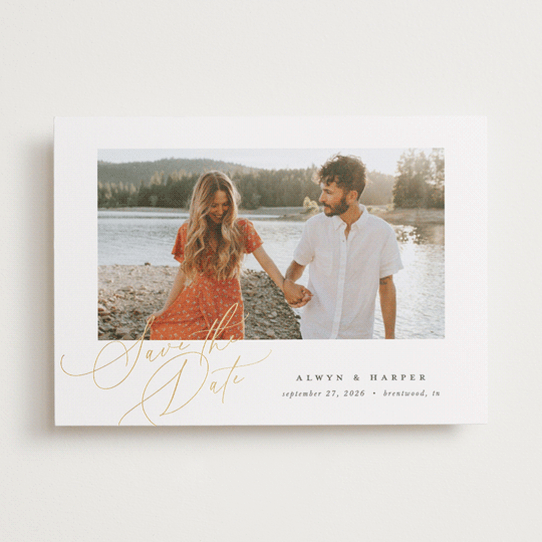"Modern Script" - Save the Dates in Pearl by Melanie Kosuge - Front